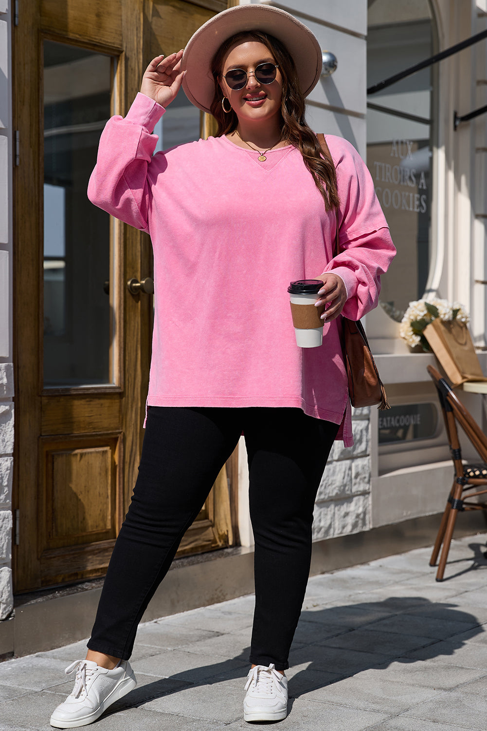 Pink Plus Size Mineral Wash Drop Shoulder Round Neck Sweatshirt