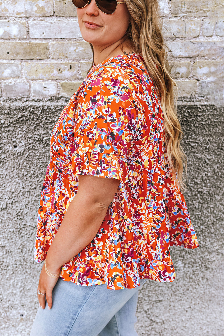 Orange Floral Printed Ruffle Sleeve Curvy Babydoll Blouse