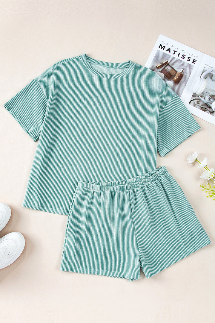 Iceland Blue Ribbed Textured Knit Loose Fit Tee and Shorts Set