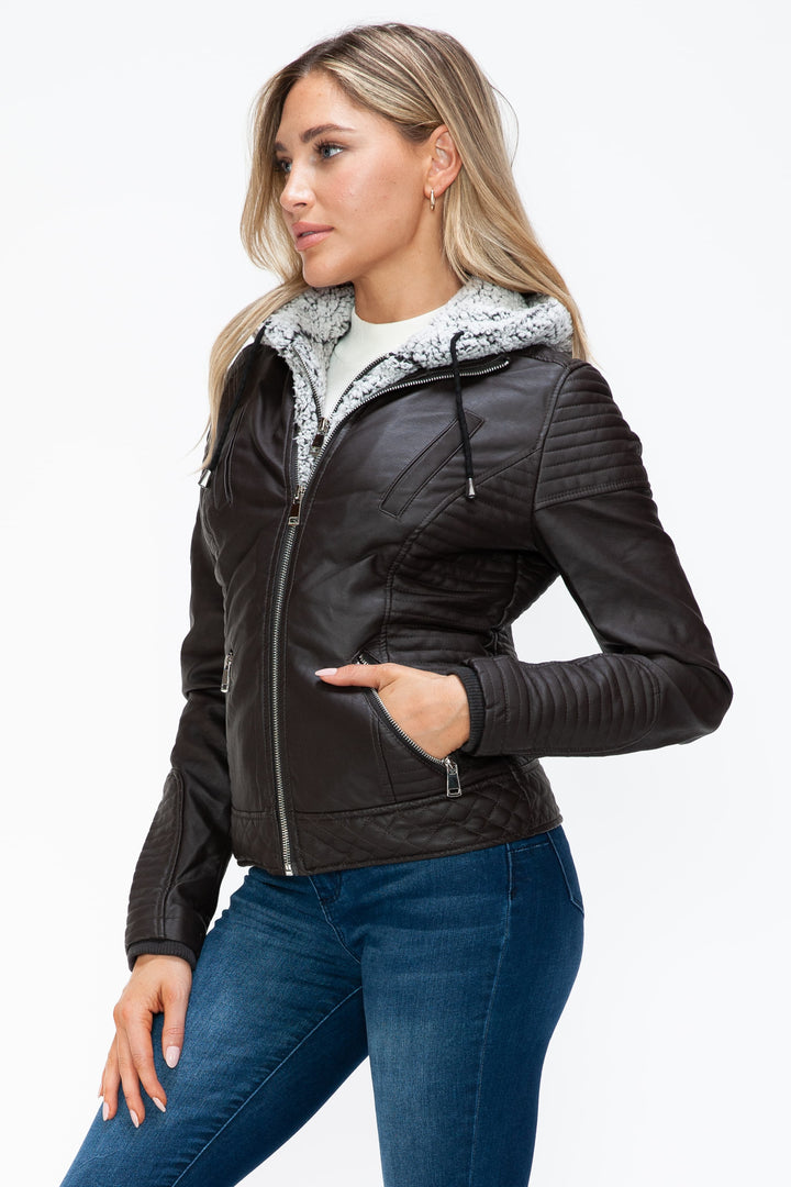 YMI Faux Layered Double-Zipper Jacket with Fuzzy Hood