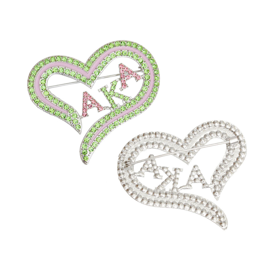 AKA Sorority Heart Pink Green Bling Brooch Women