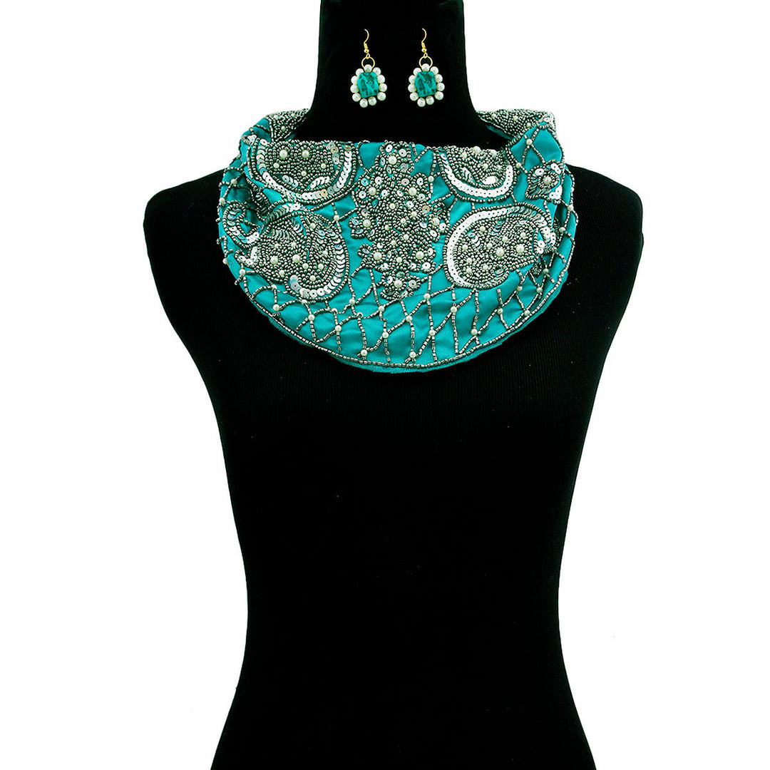 Handmade Teal Satin Scarf Necklace Set